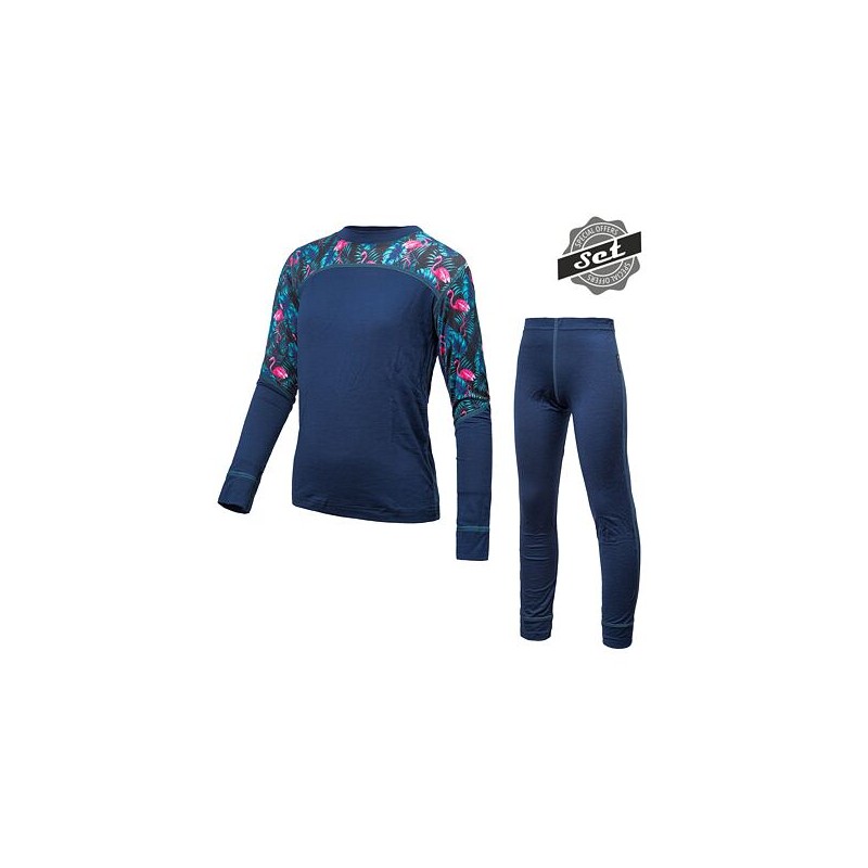 SENSOR MERINO IMPRESS SET dětský triko dl.rukáv + spodky deep blue/floral 